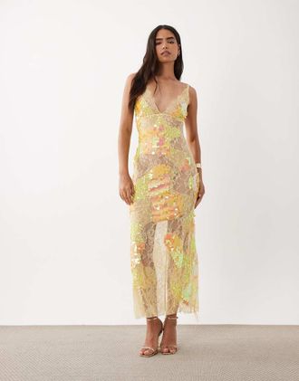 Asos Vestito lungo in pizzo trasparente con spalline sottili e decorazioni gialle-Argento