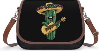 Generic Cactus Playing Guitar Wearing Sombrero Crossbody Bag Womens Handbag PU Message Bags Shoulder Purse with Adjustable Strap