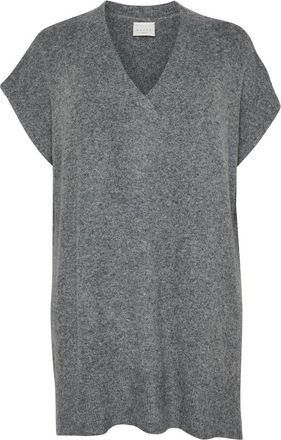 Kaffe Curve Donkergrijze Melange Gebreide Poncho met Mouwen - Dames - V-hals truien - Grijs - S - Truien & Vesten
