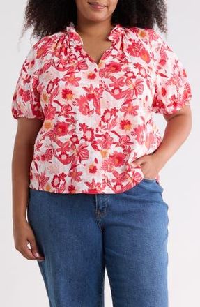Caslon Split Neck Short Sleeve Cotton Gauze Top in Red/Ivory Palm Floral at Nordstrom Rack, Size 2 X
