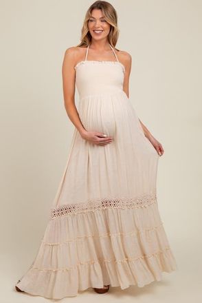 Pinkblush Smocked Open Back Maxi Dress in Cream at Nordstrom, Size Medium