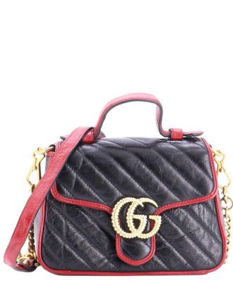 Gucci Black Sheep Leather Gg Marmont Top Handle Flap Bag Diagonal Quilted Mini (Authentic Pre-Loved)