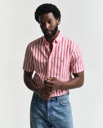 GANT Men Regular Fit Striped Classic Poplin Short Sleeve Shirt (XXXL) WATERMELON RED