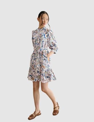 Hobbs London Hope 3/4 Sleeve Tie Waist Mini Dress in Ivory Multi at Nordstrom, Size 16
