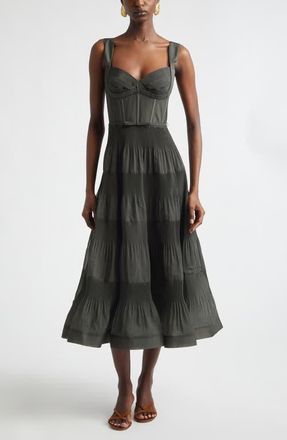 Zimmermann Pleated Corset Midi Dress in Olive at Nordstrom, Size 0P