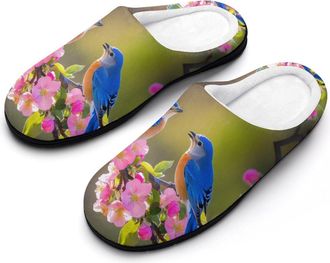 Generic Bluebirds Birds on Floral Branch Womens Cotton Slipper Comfortable Cozy Plush Slippers Anti-Skid Indoor House Closed Toe Shoes