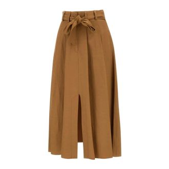 Kaos Midi Skirts, female, Brown, Size: S Brown Linen Skirt with Bow Belt