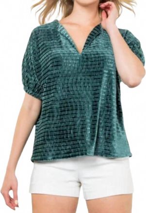 THML Clothing V Neck Velvet Top In Green