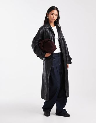 Asos Trench taglio lungo in pelle sintetica nero con tasche a contrasto