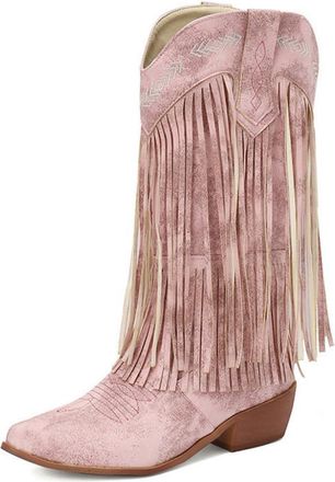 Generic Womens Pull-On Riding Boots with Chunky Heel, Western Embroidery and Fringe Details for Autumn Winter,Pink,13 UK
