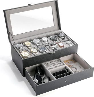OEM Caja Para Relojes De Hombre Con 12 Compartimentos, Organizador De Joyas Con Caj&oacute;n, Caja De Almacenamiento De Piel Sint&eacute;tica Con Tapa De Cristal Y Almo