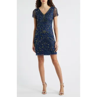 Pisarro Nights Beaded Double V-Neck Dress in Denim at Nordstrom, Size 16