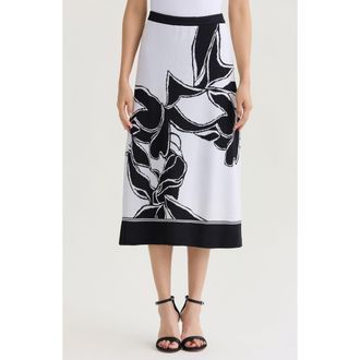 Ming Wang A-Line Floral Jacquard Soft Knit Midi Skirt in Black/white at Nordstrom, Size Xx-Small