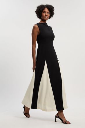 Karen Millen Womens Compact Stretch Tailored Colour Block Full Skirted Midi Dress - Monochrome Multi - Size 14 UK