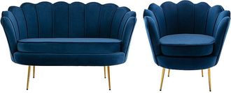 Pascal Morabito Conjunto sof&aacute; de 2 plazas y sill&oacute;n de terciopelo azul noche DANDELION