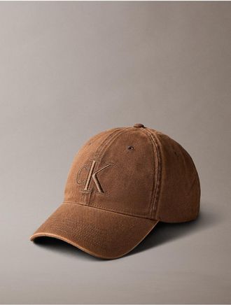 Calvin Klein Mens Embroidered Monogram Garment-Dyed Cap - Brown