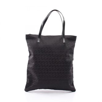 Fendi Zucchino Black Canvas Leather Handbag Tote Bag (Pre-Owned)