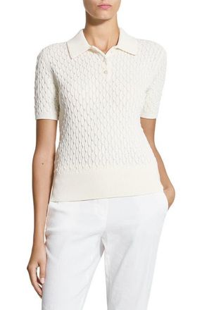 Theory Textured Cable Knit Organic Cotton Polo in Ivory at Nordstrom, Size Petite