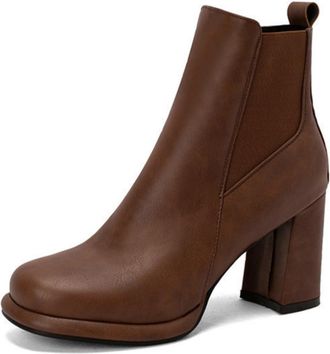 Generic Womens Ankle Boots with Platform Chunky Heel - Elastic Side Panel for Comfortable Fit and Easy Wear,Brown,7.5 UK