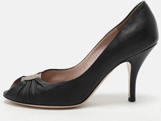 Ferragamo Black Leather Fiberia Peep Toe Pumps