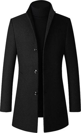 Generic Mens Outdoor Jackets Men Mid-length Slim-fit Woolen Coat With Stand- Solid Color Woolen Coat (Black, M)