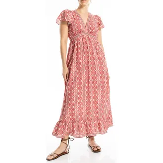 Max Studio Flutter Sleeve Maxi Dress in Red/Cream at Nordstrom Rack, Size X-Small