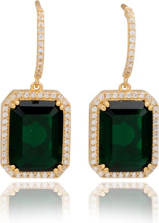 Suzy Levian Yellow Sterling Silver Emerald Cut Green White Cubic Zirconia Halo Dangling Earrings