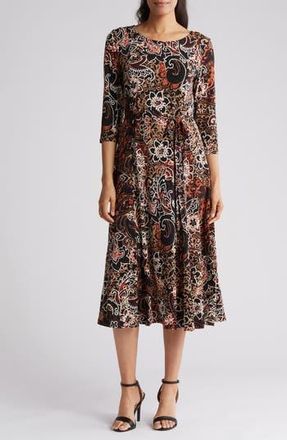 Nina Leonard Sylvia Printed Tie Waist Midi Dress in Black Rust Combo at Nordstrom Rack, Size X-Large