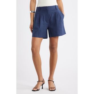 Open Edit Everyday Pleated Linen Blend Shorts in Navy Indigo at Nordstrom, Size 10