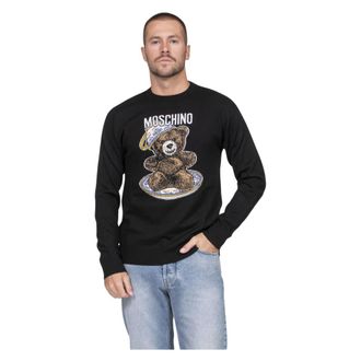 Moschino Round-neck Knitwear, male, Black, Size: XL Maglia Lana Merino