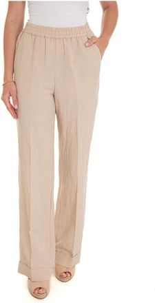 Liu Jo Linnen Wijde Broek met Elastiek - Dames - Straight fit broeken - Beige - L - Linnen - Broeken