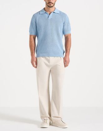 Mani&egrave;re De Voir Conrad Textured Cotton Knit Polo Shirt in Pale Blue at Nordstrom, Size X-Large