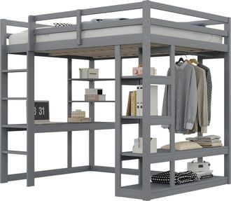 STILVORA Cama Alta Doble Con Escritorio, Estantes Y Perchero 140&times;200 Cm, Sin Colch&oacute;n, De Madera, Gris