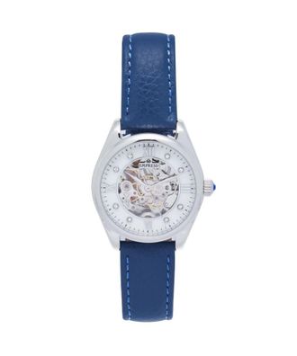 Empress Womens Magnolia Automatic MOP Skeleton Dial Leather-Band Watch - Blue Stainless Steel - One Size