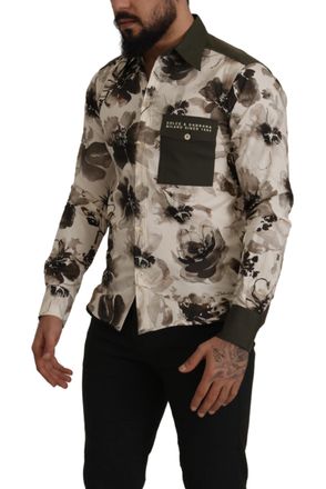 Dolce & Gabbana Mens Green Beige Floral Cotton Stretch Exclusive Shirt