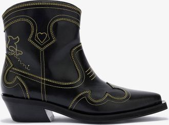 Ganni Low Shaft Embroidered Western Boots - Size 35 Yellow