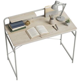 HOMCOM Homcom Escritorio, Mesa De Escritorio Moderno Con Estante Y Estructura De Metal, F&aacute;cil Montaje Para Espacios Peque&ntilde;os, 98x48x88,5 Cm, Roble