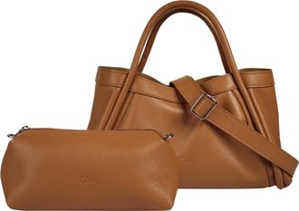 Cluty Henkeltasche CLUTY 2 in 1, Damen, Gr. B/H/T: 34cm x 20cm x 13cm onesize, cognac, Leder, leicht gl&auml;nzend, unifarben, Taschen Henkeltasche, echt Leder, 