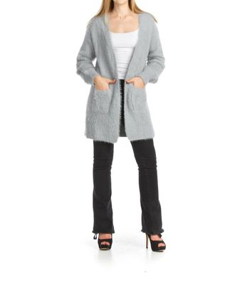 Papillon Fuzzy Long Cardigan With Pockets In Silver/ Grey
