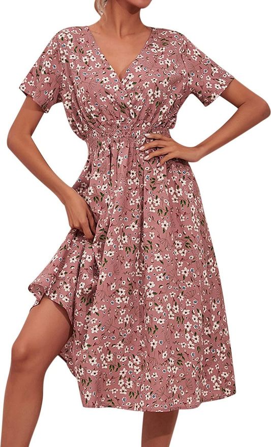 Womens Boho Dresses Summer UK Sale Clearance Loose Casual Midi Tunic Dress Floral Polka Dots Print V Neck Short Sleeve T Shirt Ruffle Dresses