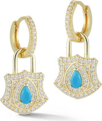 Sphera Milano Cubic Zirconia & Synthetic Turquoise Padlock Drop Huggie Hoop Earrings in Turquoise/Gold at Nordstrom Rack