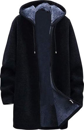 Generic Zip up Hoodies for Men Comfy Fleece Lined Thermal Cozy Cardigans Soft Mid-Length Winter Coat Solid Color Windbreaker Warm Hooded Mens Overcoat Drawstr