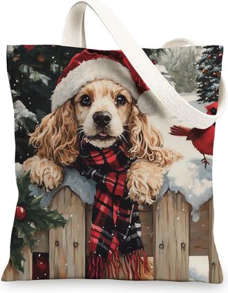 Generic Christmas Cocker Spaniel Dog Canvas Tote Bag for Shopping 13x15, Xmas Farmhouse Cardinal Puppy Reusable Grocery Print Bag for Women Men, Holiday Pet A