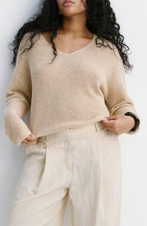 Mango V-Neck Sweater in Sand at Nordstrom, Size Medium