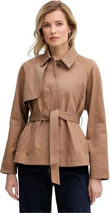 Joseph Ribkoff Korte katoenen keper trenchcoat met riem en strass-details - Dames - Trenchcoats - Bruin - L - Katoen - Jassen