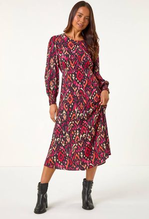 Roman Abstract Print Shirred Cuff Midi Dress