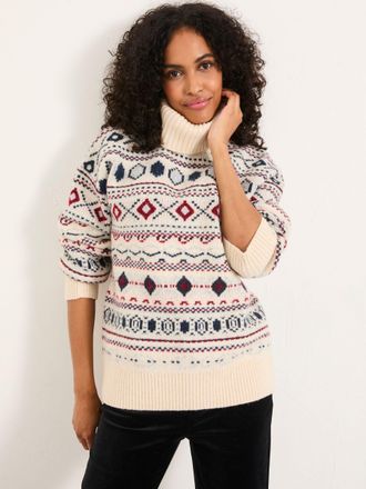 Fat Face FatFace Reece Ivory Knitted Roll Neck Fairisle Jumper