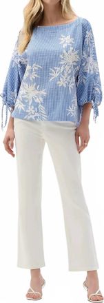 Joseph Ribkoff Striped Floral Puff Sleeves Top In Vanilla/blue