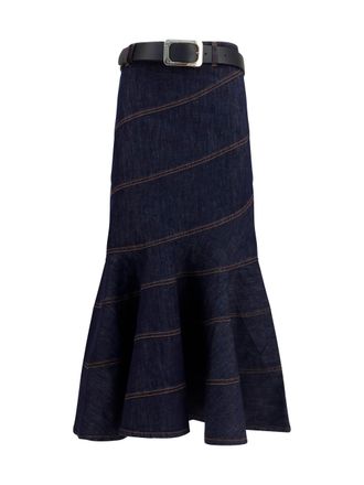 Self Portrait Denim Midi with Removable Belt Skirt - Blue