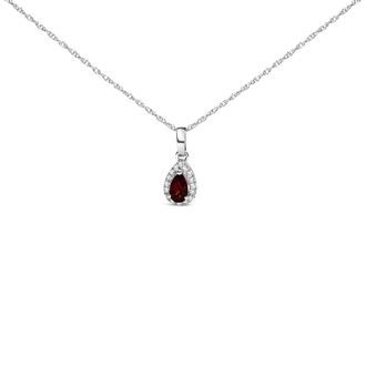 House of Brilliance 10K White Gold 5x3mm Red Garnet and Diamond Accent Halo Pear Shape Pendant Necklace